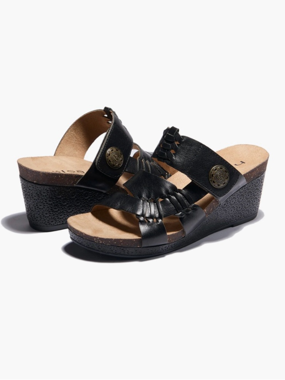 Hälsa Footwear Genoa Black Leather Woven Wedge Sandals 8M